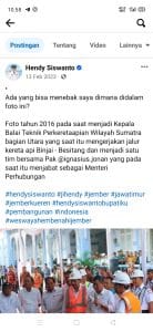 Tangkapan Layar dari Postingan akun pribadi Hendy Siswanto